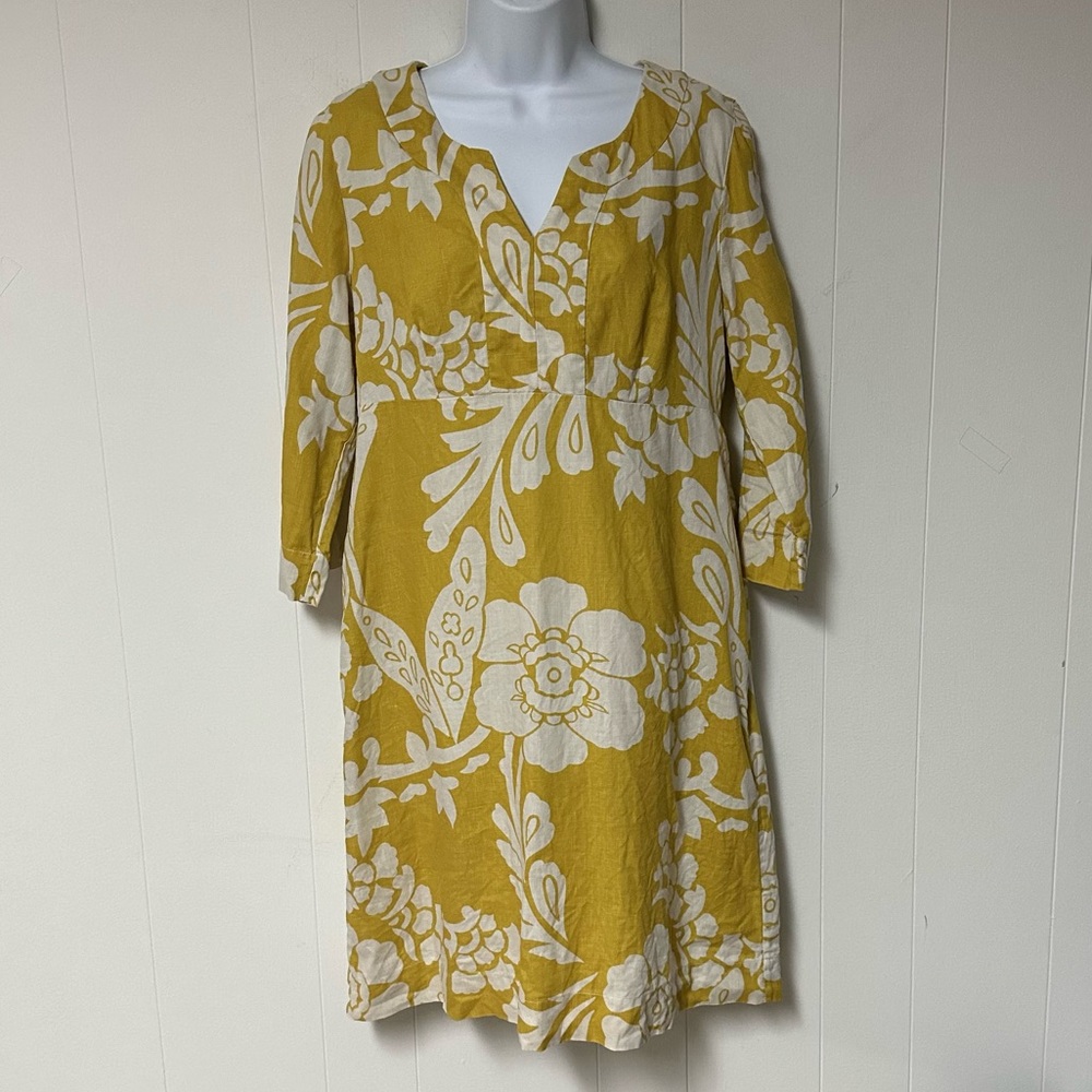 Boden 10 Long mustard yellow floral linen 3/4 sleeve dress